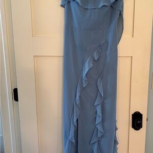 Azazie Blue Asymmetrical Ruffled Gown